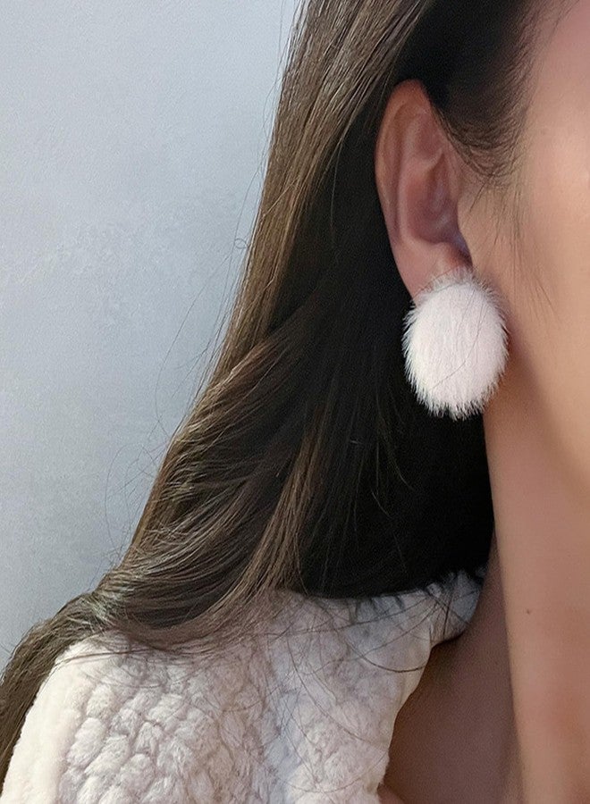 Aktully Pom Pom Earrings for Women Cute White Fluffy Pom Heart Earrings Statement Square Heart Circle Fluffy Fur Ball Stud Earrings Christmas Winter Jewelry Gifts for Women (Circle) - Image 2